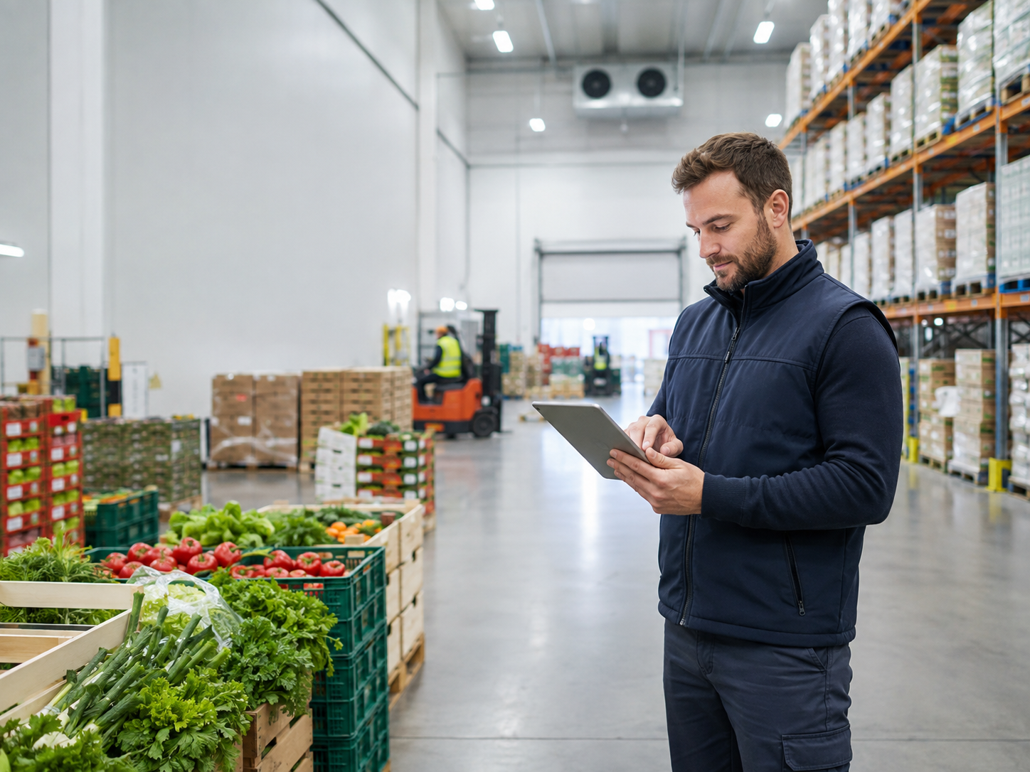 Fresh food warehouse team member using eFresh on a tablet